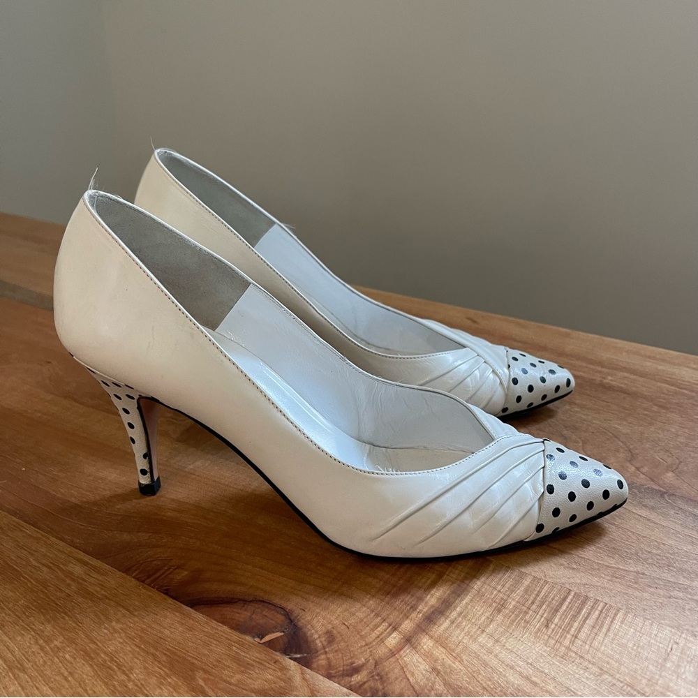 Vintage Versani Pumps Polka Dot Leather Black White Made in Italy 3" Heels 8